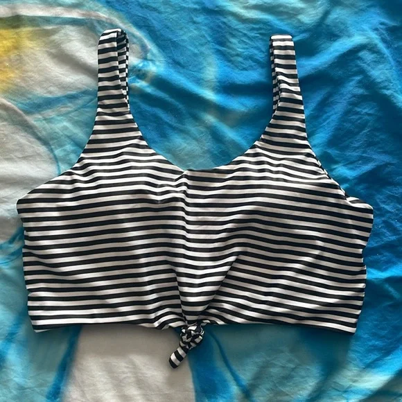 Striped Black and White Bikini Top with Pink Aerie High-Waist Bottom Set - Picture 6 of 14